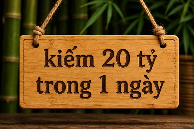 A wooden sign hanging by rope against a bamboo background with the Vietnamese text 'kiếm 20 tỷ trong 1 ngày' (earn 20 billion in 1 day).
