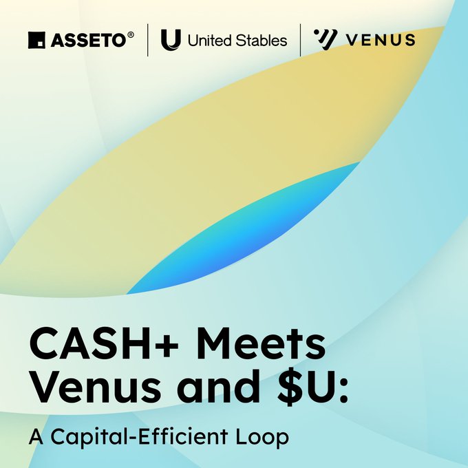 The image is a promotional graphic featuring the Asseto, United Stables ($U), and Venus logos at the top, with the headline "CASH+ Meets Venus and $U: A Capital-Efficient Loop" displayed against a flowing blue and yellow abstract background, visually announcing the partnership to power capital efficiency on BNB Chain.