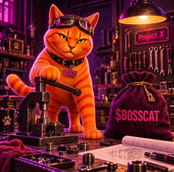 An AI-generated image shows an orange tabby cat wearing goggles and a collar labeled 'BOSSCAT' working at a metal press in a workshop, with a bag labeled '$BOSSCAT' and a 'Project X' sign in the background.