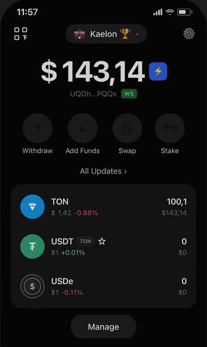 The image features an iPhone screen displaying a cryptocurrency trading app called TON, which stands for tokens. The app has a black background with white text that reads "pov you are a TON/GRAM lover memecoins is great". This message seems to be related to the post about cryptocurrencies and Bitcoin.

The image also includes some text in the bottom right corner of the screen, which says "manage". The app's interface shows various options for trading and managing tokens, such as adding funds or updating balances.