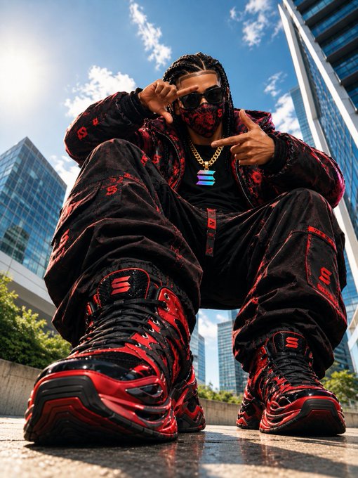 A stylish person wearing a black and red patterned tracksuit and matching red and black sneakers, sitting on the ground in front of modern glass buildings and making hand gestures while wearing sunglasses and a bandana.