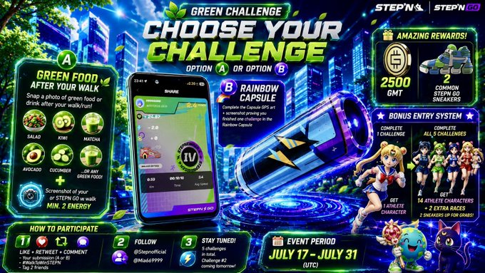 A vibrant promotional graphic for STEPN's "Green Challenge" event running July 17-31 (UTC), offering a 2,500 GMT prize pool, 2 Common STEPN GO Sneakers, and bonus character rewards for completing two challenges: Option A (Green Food: snap a photo of green food/drink after a walk, earning 14 athlete characters) or Option B (Rainbow Capsule). The post celebrates World Nature Conservation Day by encouraging outdoor walking to participate in the eco-friendly fitness challenge.