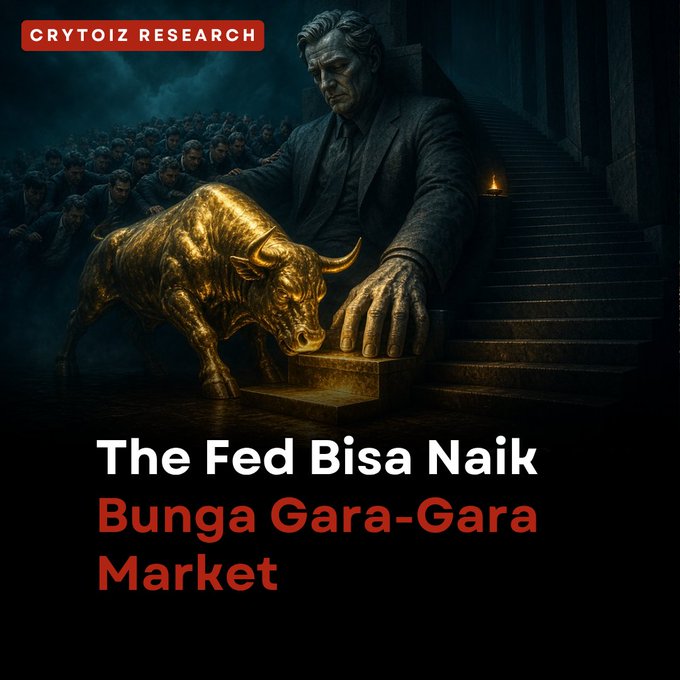 A dark, dramatic promotional graphic from 'CRYTOIZ RESEARCH' features a stone statue with a golden bull, with the headline 'The Fed Bisa Naik Bunga Gara-Gara Market' in white and red text.