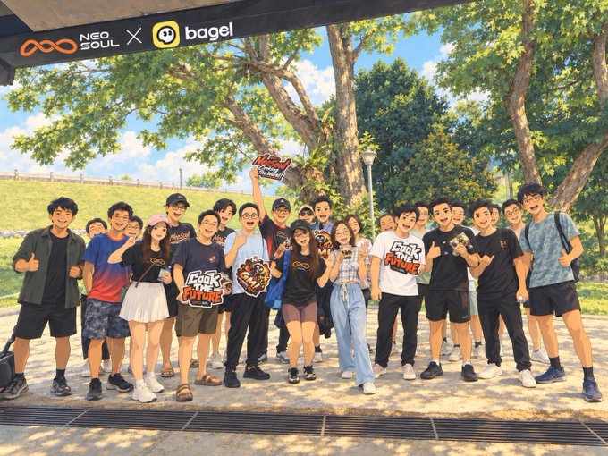 An anime-style illustration of a large group of young people gathered outdoors, with logos for 'Neosoul' and 'Bagel' visible at the top of the image.