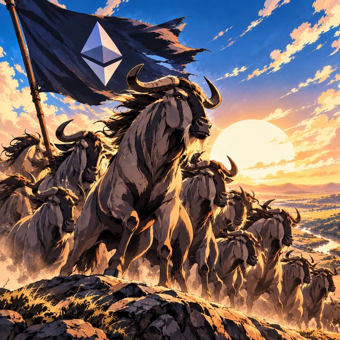 An anime-style illustration of a herd of wildebeests led by one carrying a dark blue flag bearing the Ethereum (ETH) logo, set against a sunset landscape.