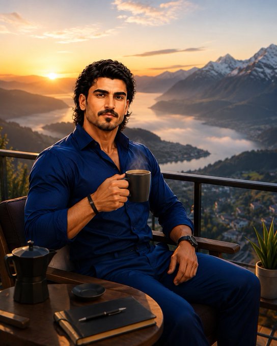 An AI-generated image of a handsome man with dark curly hair and a beard, wearing a blue shirt, holding a coffee mug while sitting on a balcony overlooking a scenic lake and mountains at sunset.