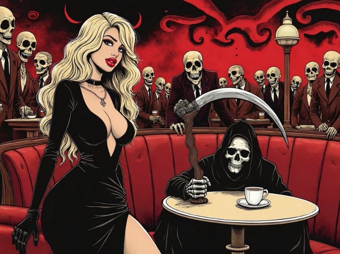 A gothic illustration of a blonde woman in a black dress standing beside a grim reaper holding a scythe at a cafe table with a coffee cup, surrounded by an audience of suited skeletons in a red-lit lounge.