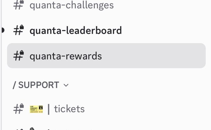 A screenshot showing Discord-style channel list with 'quanta-challenges', 'quanta-leaderboard', and 'quanta-rewards' (with a lock icon), followed by a '/SUPPORT' dropdown and a 'tickets' channel featuring a 'LIVE CONCERT TICKET' emoji.