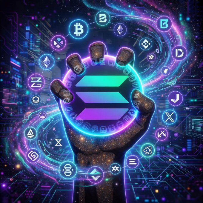 The image features a hand holding a blue and green orb, which is surrounded by various symbols and icons related to cryptocurrency and blockchain technology. The hand appears to be made of metal or stone, giving it an industrial appearance. The symbols on the orb include Bitcoin, Etherium, Ripple, and Solana, indicating that this could be a promotional piece for these digital assets. The post also mentions the Solana family, which is a group of cryptocurrencies created by Solana Foundation.
