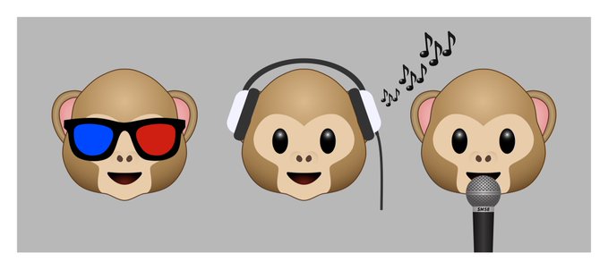 Three monkey emoji-style illustrations on a gray background: one wearing 3D glasses, one wearing headphones, and one singing into a microphone with musical notes.