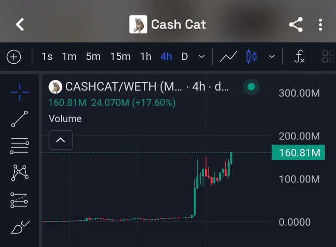 A 4-hour TradingView chart for CASHCAT/WETH on the Cash Cat pair shows a dramatic vertical price spike reaching a new all-time high, with current volume at 160.81M (+17.60%) against the poster's claim of Cash Cat hitting a new ATH and suggesting there's still time to bridge in.
