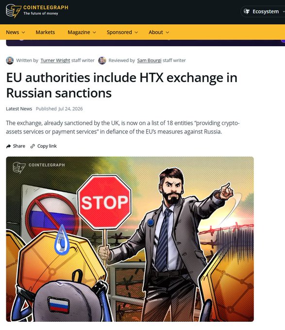 A Cointelegraph article headline reading 'EU authorities include HTX exchange in Russian sanctions,' featuring an illustration of a man holding a STOP sign and a no-Russian-flag symbol.
