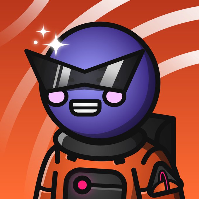 A cheerful purple spherical character in an orange astronaut suit and black reflective visor grins confidently against a starry orange background with swirling lines, matching the bold "We ride." energy of embracing a space-bound adventure.

There's no visible text, numbers, tickers, or names in the image.