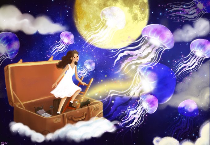A whimsical digital illustration of a girl in a white dress standing inside a floating suitcase filled with items, soaring through a starry night sky filled with glowing, colorful jellyfish and a large yellow moon.