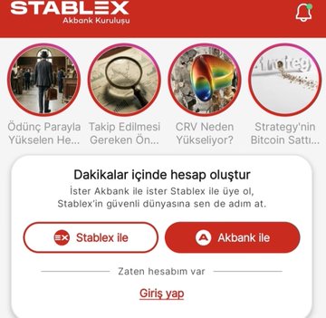 Stables cryptocurrency exchange mobile app screen (in Turkish) showing subscription options for new accounts, with 'Abbank ile' and 'Stablex ile' signup buttons.