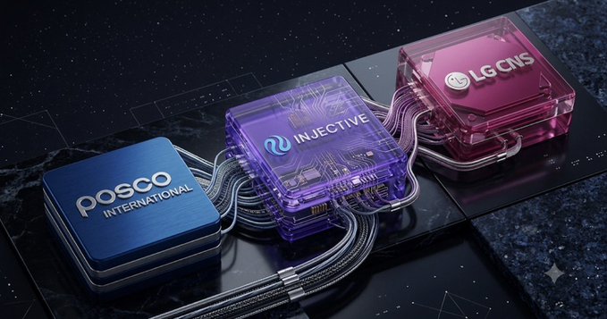 A 3D rendering displays three connected data blocks labeled 'POSCO INTERNATIONAL', 'INJECTIVE', and 'LG CNS' with cables running between them.