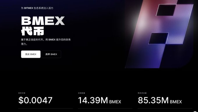 Promotional webpage for BMEX token (代币) by BITMEX, showing a price of $0.0047, total supply of 14.39M BMEX, and a maximum supply of 85.35M BMEX.