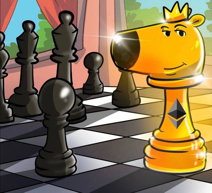A cartoon illustration shows a smiling golden chess rook piece wearing a crown and displaying an Ethereum logo, standing on a chessboard with black pieces.