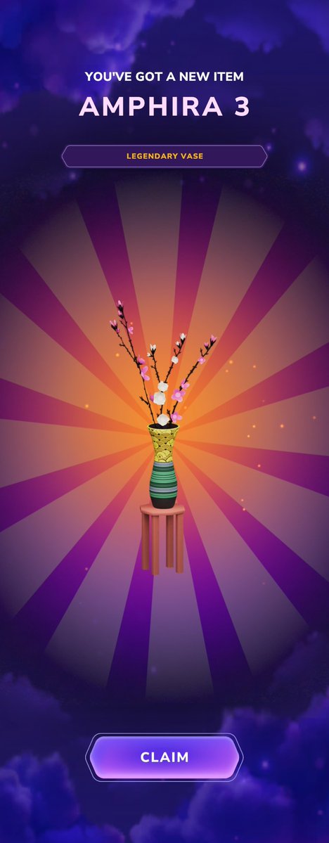 A mobile game reward screen announcing 'YOU'VE GOT A NEW ITEM - AMPHIRA 3 LEGENDARY VASE' featuring an illustration of a decorative vase with blossoms on a small stool against a radiant purple and orange background, with a 'CLAIM' button at the bottom.