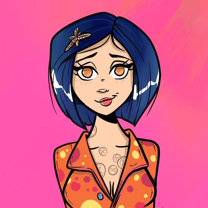 Digital illustration of a girl with blue bob hair, a butterfly hair clip, and tattoos on her chest, sticking her tongue out playfully against a bright pink background.