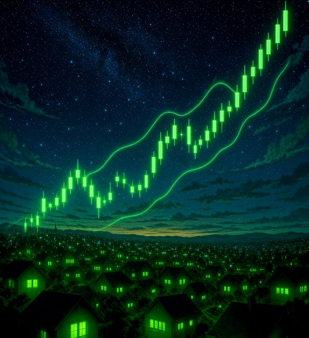 A nighttime cityscape beneath a starry sky features a glowing green candlestick chart trending sharply upward with trailing trendlines, visually illustrating the poster's call for a "#1000x" moonshot gain.