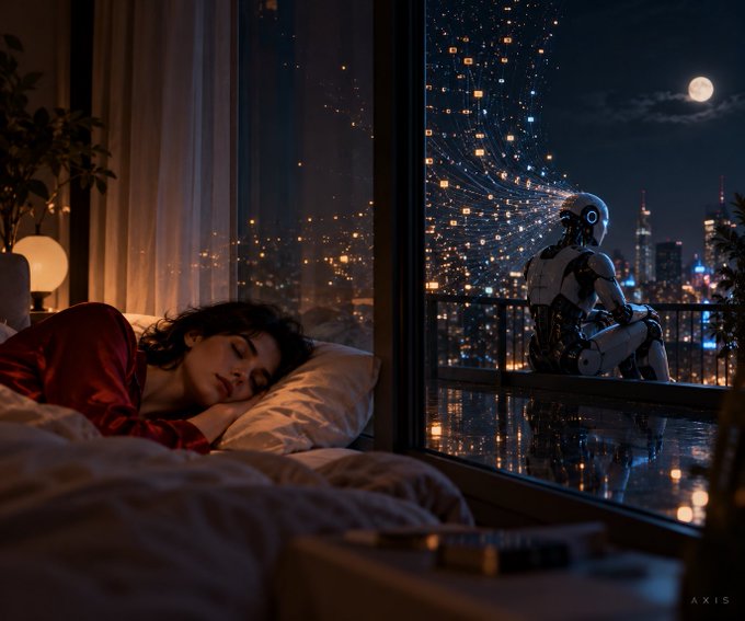 A digital artwork by 'AXIS' depicts a woman sleeping by a window at night while a robot sits on the balcony overlooking a city skyline with a full moon.