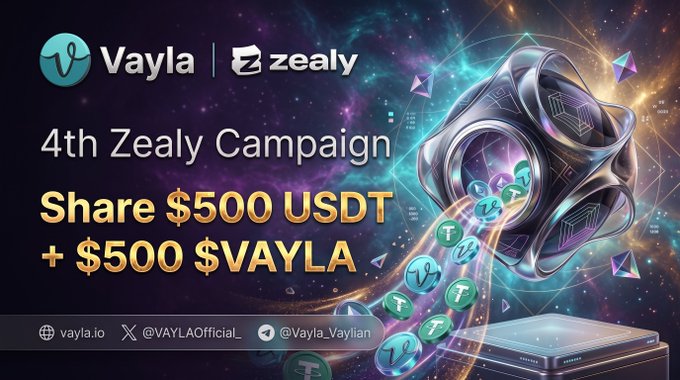 A promotional graphic for the Vayla and Zealy collaboration announces the "4th Zealy Campaign" with a prize pool of $500 USDT plus $500 in $VAYLA, featuring a cosmic background with a futuristic cube and branded coins. Notably, the image displays "4th Zealy Campaign" while the accompanying post refers to it as the "5th Zealy Sprint," indicating a discrepancy between the visual and the text in the number of the campaign event.