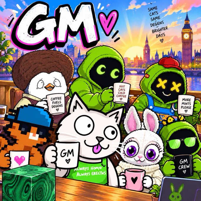 A colorful illustration of cartoon characters (cats and figures in green hoodies) holding coffee mugs with messages like "COFFEE FUELS DEGENS," "HOT CATS COLD COFFEE," and "MORE MINTS PLEASE," with "GM" written at the top.