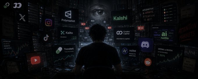 A dark, dystopian image shows a person viewed from behind facing multiple screens displaying attention economy and prediction market platforms including Polymarket, Kalshi, Kaito, TrendleFi, noise, ai.nvidia, and OpenAI/Nvidia attention markets.
