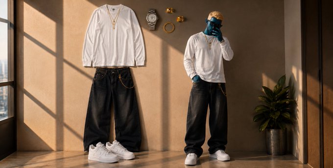 A fashion outfit display showing a white long-sleeve shirt, dark baggy jeans, white sneakers, and gold accessories, modeled by a figure with blue-tinted skin.