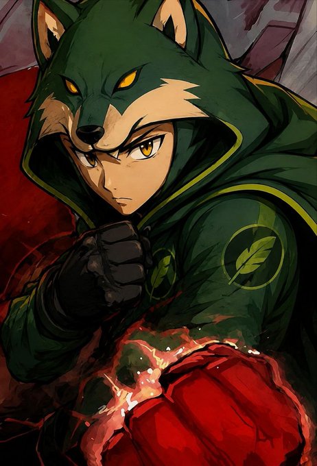 An anime-style illustration of a character wearing a green wolf-themed hood and jacket, with glowing yellow eyes and a clenched fist raised.