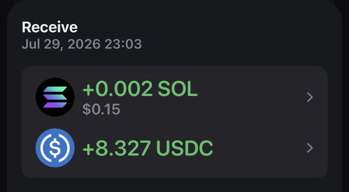 A cryptocurrency wallet notification showing a "Receive" transaction dated Jul 29, 2026 23:03 for +0.002 SOL ($0.15) and +8.327 USDC. The image appears to illustrate the modest earnings referenced in the post, where the user jokingly brags about profits from MoonPay while acknowledging most people made much more.