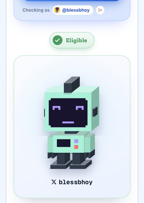A digital avatar interface displays a pixel-art green robot labeled 'blessbhoy' with an 'Eligible' badge, showing the username @blessbhoy with a checking account indicator.