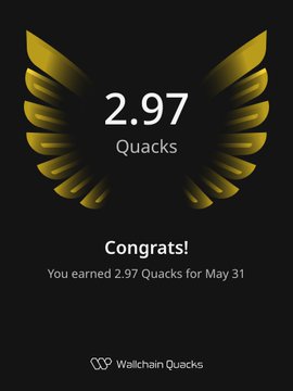 The image features a poster with an illustration of a bird's wing, which has gold and black colors. Below the wing, there is text that congratulates the user for winning 2,957 Quacks. The poster also mentions that this achievement was made possible by the intersection of NFTs (Non-Fungible Tokens) and AI (Artificial Intelligence). This post highlights how technology can be used to enhance artistic achievements in the art world.