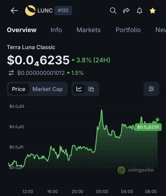 A CoinGecko screenshot showing the price of Terra Luna Classic (LUNC) at $0.046235, up 3.8% over 24 hours, with a green price chart displayed.