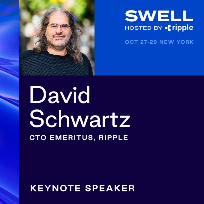 The image features a man with long hair wearing glasses standing against a blue background. The man appears to be smiling for the camera while posing for a photo. Below him, there are two lines of text that read "KeyNote Speaker David Schwartz" and "I hear this will be the largest @RippleSwell yet. I wouldn't miss it. The best part of these events is always seeing the new ways people are using XRP and building on the XRP Ledger."