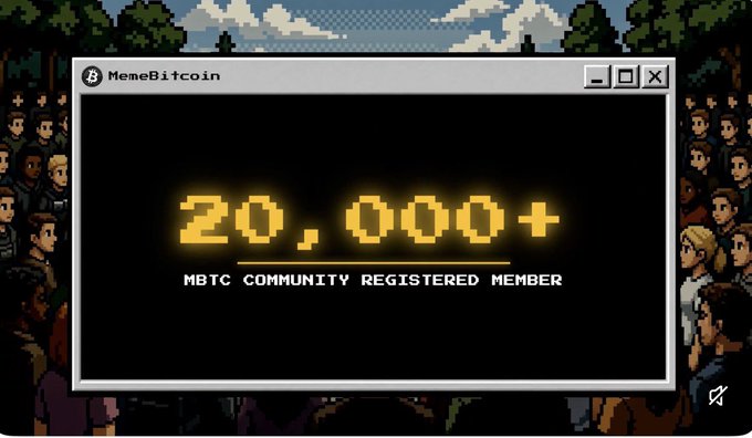 A retro pixel-art style graphic displays '20,000+' with 'MBTC COMMUNITY REGISTERED MEMBER' text in a window titled 'MemeBitcoin'.