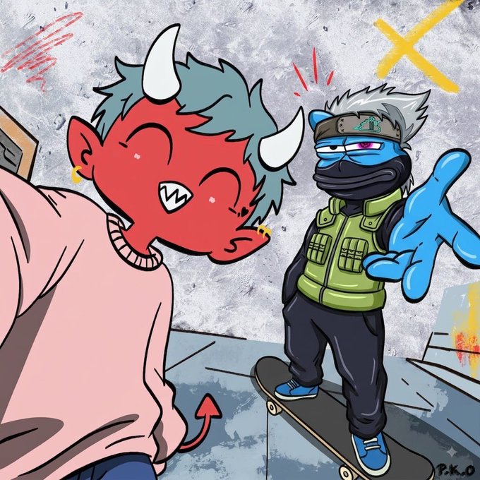 An anime-style illustration showing a red demon character with horns smiling at a blue-skinned ninja-like character with white hair wearing a green tactical vest and standing on a skateboard, signed 'P.K.O' in the corner.
