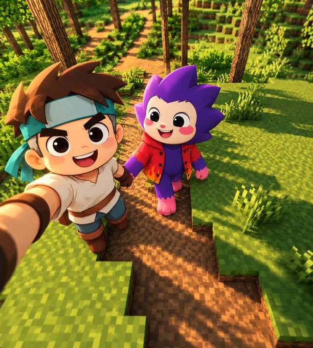 Two cheerful 3D cartoon characters—a human boy with a teal headband and a purple-haired figure in a flame-patterned jacket—take a selfie together on a Minecraft-style grassy path. The blocky, pixelated forest landscape mirrors the "Lumi build" referenced in the post, capturing the playful, exploratory spirit of the Token2049 events featured on Glumi's timeline.