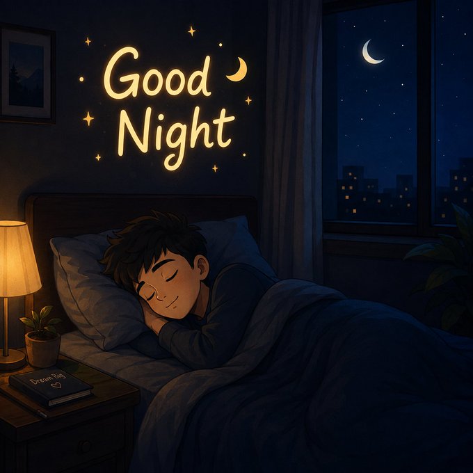 A peaceful illustration shows a boy sleeping in bed under a blanket, with glowing "Good Night" text alongside a moon and stars floating above him, while a night sky with a crescent moon and city lights is visible through the window. The image visually reinforces the post's bedtime sign-off to web3 followers, matching the cozy "good night" sentiment and the request for a "GN" (good night) reply tagged to $ANSEM.