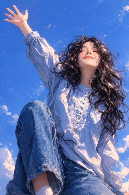 An animated-style illustration shows a girl with flowing dark curly hair, a light blue blouse, and jeans, with one arm raised joyfully against a bright blue sky.