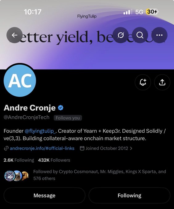 A Twitter/X profile screenshot of Andre Cronje (@AndreCronjeTech), Founder of @flyingtulip, with 432K followers, bio mentioning 'Creator of Yearn + Keep3r. Designed Solidity / ve(3,3).'