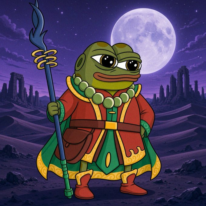 A cartoon frog dressed as a wizard or noble figure in red and green robes stands in a desert landscape at night with a large full moon.