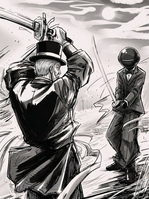 A black and white manga-style illustration depicts an older gentleman in a top hat and long coat swinging a sword against an opponent wearing a tuxedo with a black helmet obscuring their face, set against a dramatic moonlit sky.