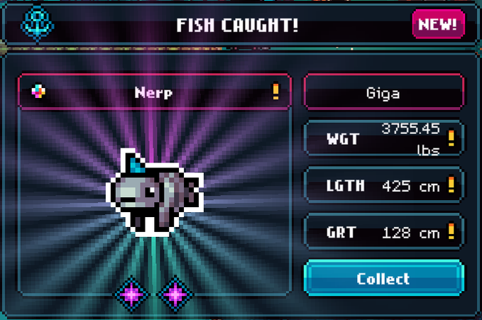 A pixel art video game 'FISH CAUGHT!' notification screen showing a fish named 'Nerp' with stats: WGT 3755.45 lbs, LGTH 425 cm, GRT 128 cm, and a Collect button.