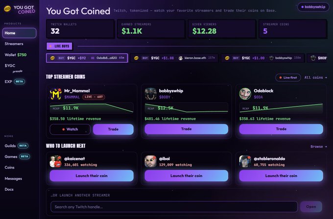 A dashboard for 'You Got Coined' (yougotcoined.com), a Twitch streamer coin platform on Base, showing stats like 32 twitch wallets, $1.1K earned by streamers, and top streamer coins including Mr_Mammal, bobbyswhip, and Odablock.