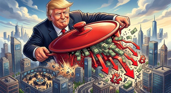 A caricature of Donald Trump lifts the lid off a giant red pot, unleashing a torrent of cash, downward red arrows, and Bitcoin logos that cascade onto a sprawling cityscape, symbolizing the $4.7 billion wiped out from investors by the Trump family's crypto ventures.