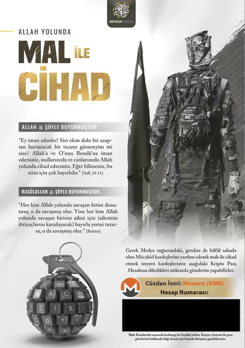A recruitment poster from Meydan Media in Turkish titled 'ALLAH YOLUNDA MAL İLE CİHAD' featuring a hooded soldier in tactical gear with a flag, including Quranic verses and crypto donation details for Monero (KMR).