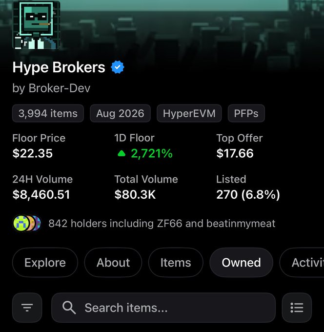 An NFT collection page displays 'Hype Brokers' with 3,994 items, showing a floor price of $22.35, 24H volume of $8,460.51, and 842 holders.