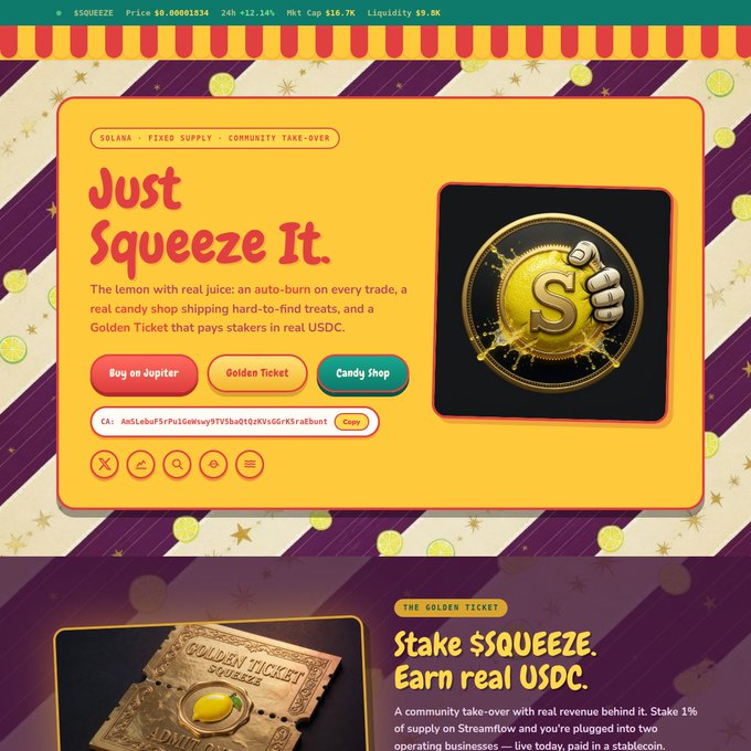 A colorful webpage for a crypto token called '$SQUEEZE' with the slogan 'Just Squeeze It,' featuring a lemon graphic and promotional buttons for 'Buy on Jupiter' and 'Golden Ticket.'